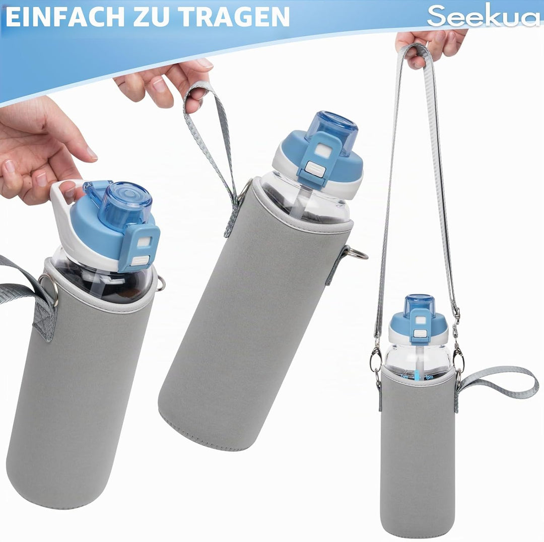Seekua 0.8l Sport Trinkflasche Glas Flasche mit Strohhalm &amp; Zeitmarkierung 800ml auslaufsicher bpa f