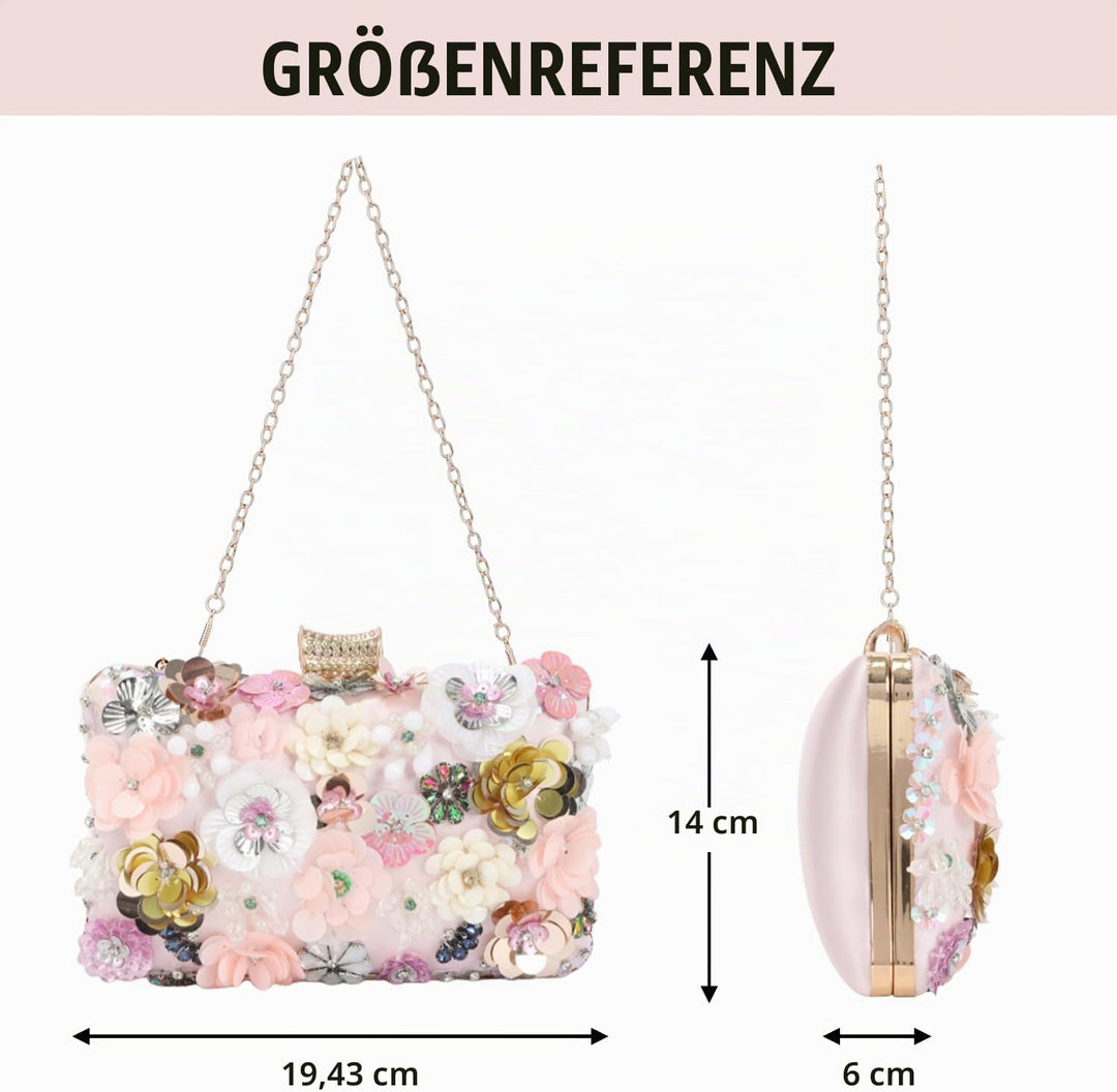 Fecialy Blumen-Clutch-Abendtaschen für Damen mit bunten Blumen-Metall-Strasssteinen Abend-Clutch-Gel