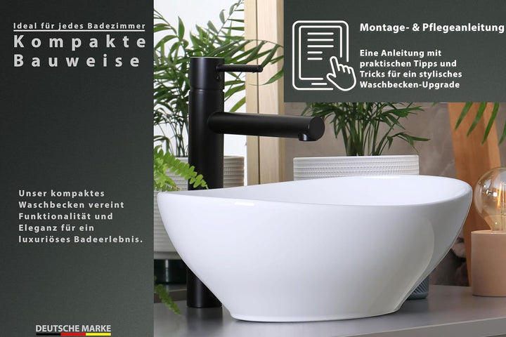Waschbecken24 | Aufsatzwaschbecken | Ovales Waschbecken ohne Hahnloch | Premium-Qualität | Einfache