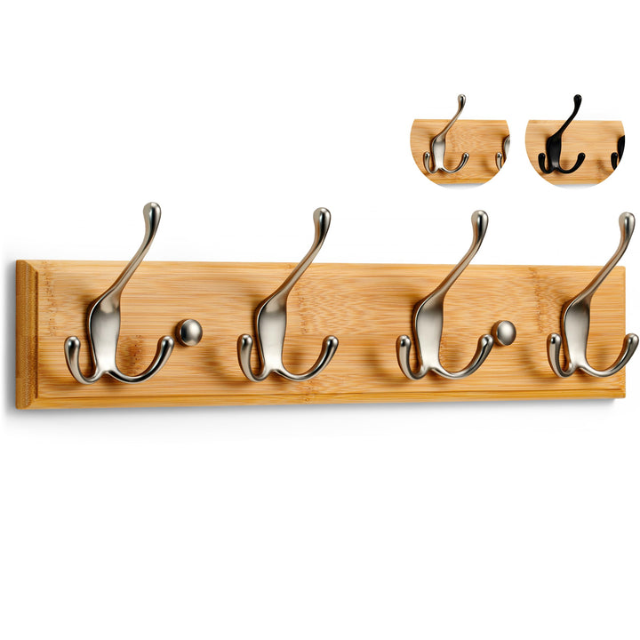 LARHN Garderobenhaken Holz - Garderobenleiste Holz mit 4 Haken in Nickel Matt - 42 cm - Kleiderhaken