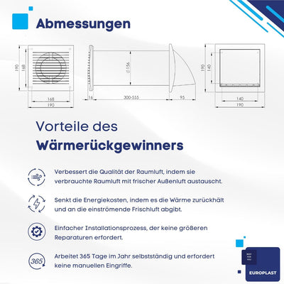 EUROPLAST 150mm Dezentrale Lüftung mit Wärmerückgewinnung - Wandlüfter Lüfter Lüftungsanlage Belüftu