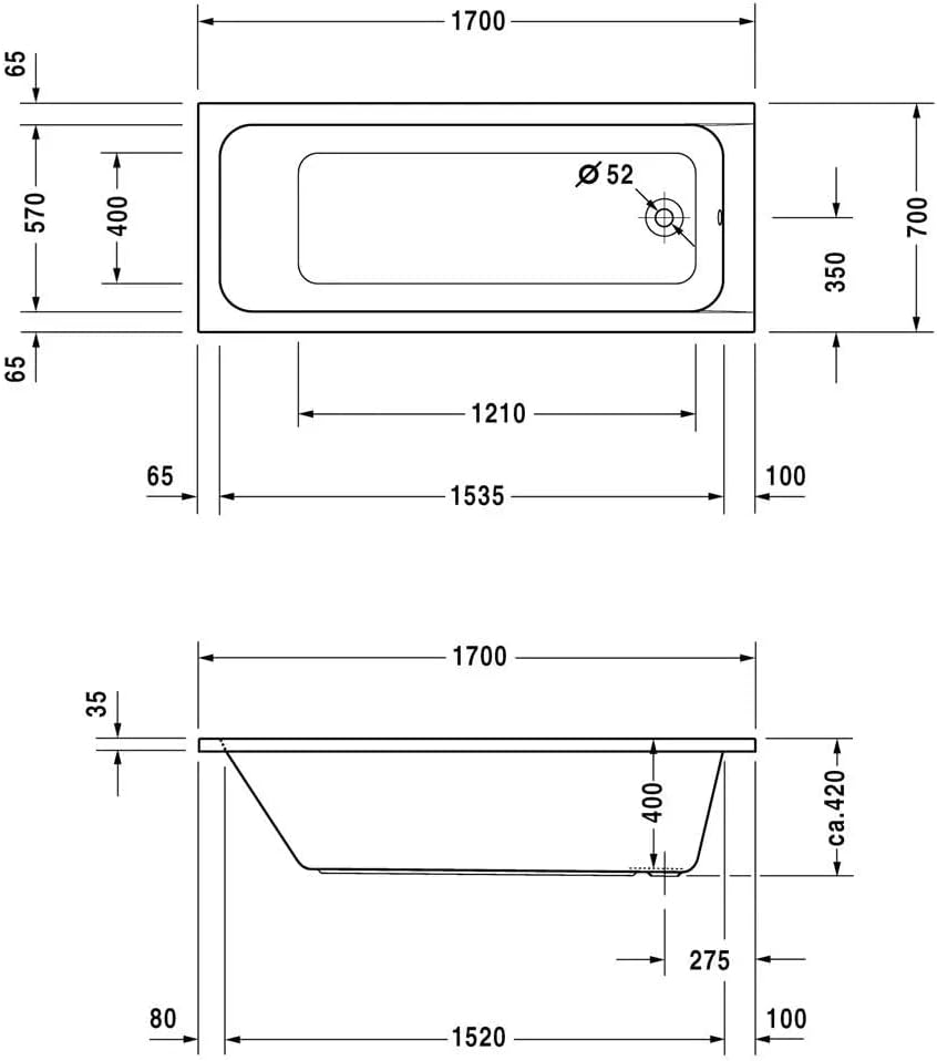 VBChome Badewanne 170x70 cm Duravit Acryl SET – Stilvolle Rechteck-Badewanne inkl. Styroporträger, S