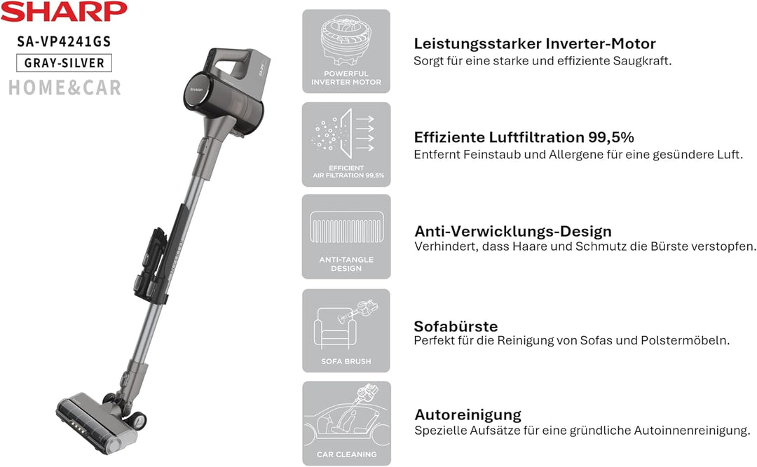 SHARP SA-VP4241GS Staubsauger Kabellos, Home & Car, 300W BLDC-Motor, 65Min., 0,75L, HEPA H13-Filter,