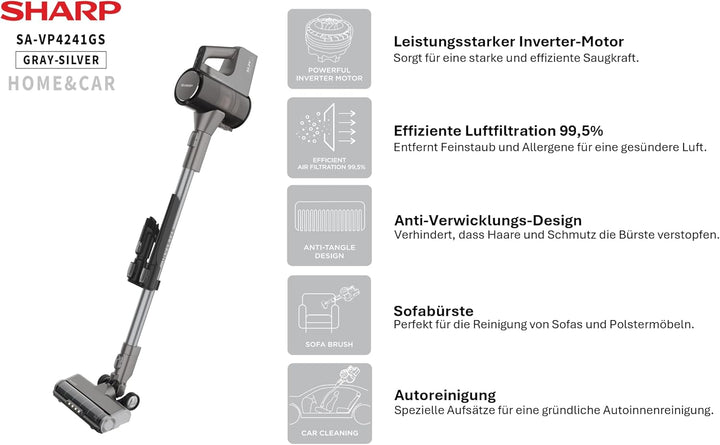 SHARP SA-VP4241GS Staubsauger Kabellos, Home & Car, 300W BLDC-Motor, 65Min., 0,75L, HEPA H13-Filter,