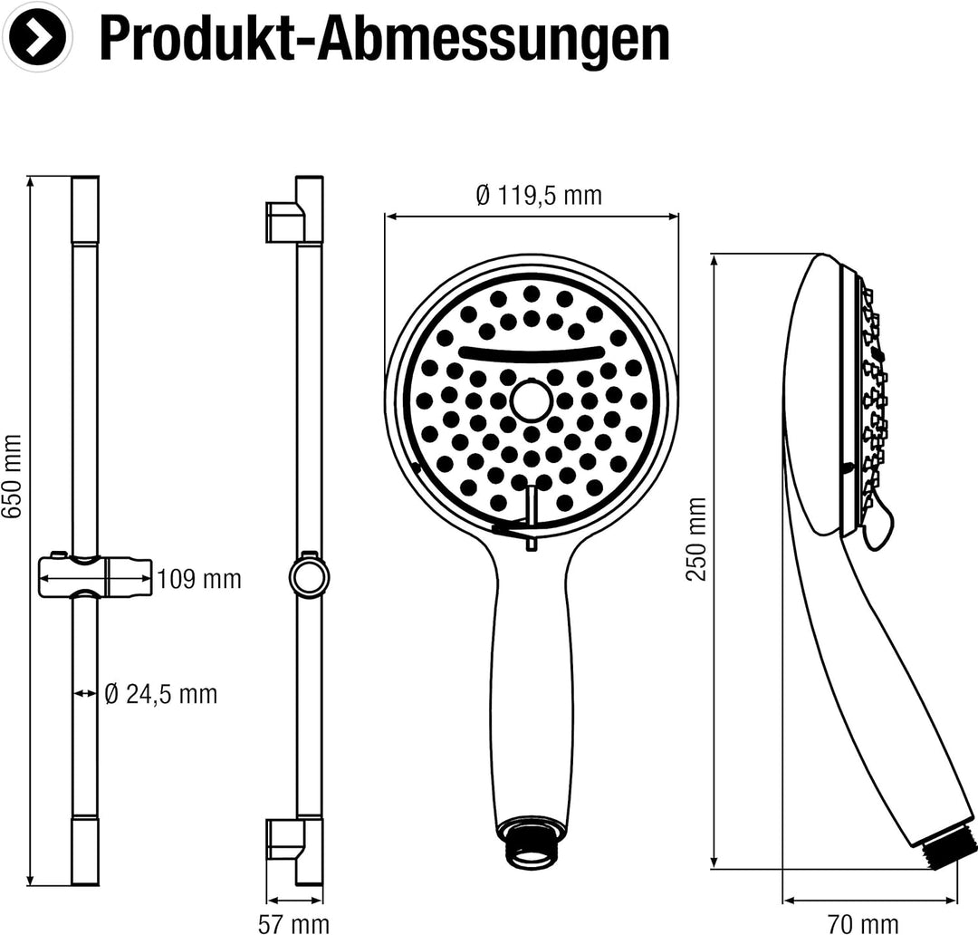 Cornat Brausegarnitur "Ardea" - Handbrause 119,5 mm - 2 Strahlarten: Normal- & Schwallstrahl - Anti-