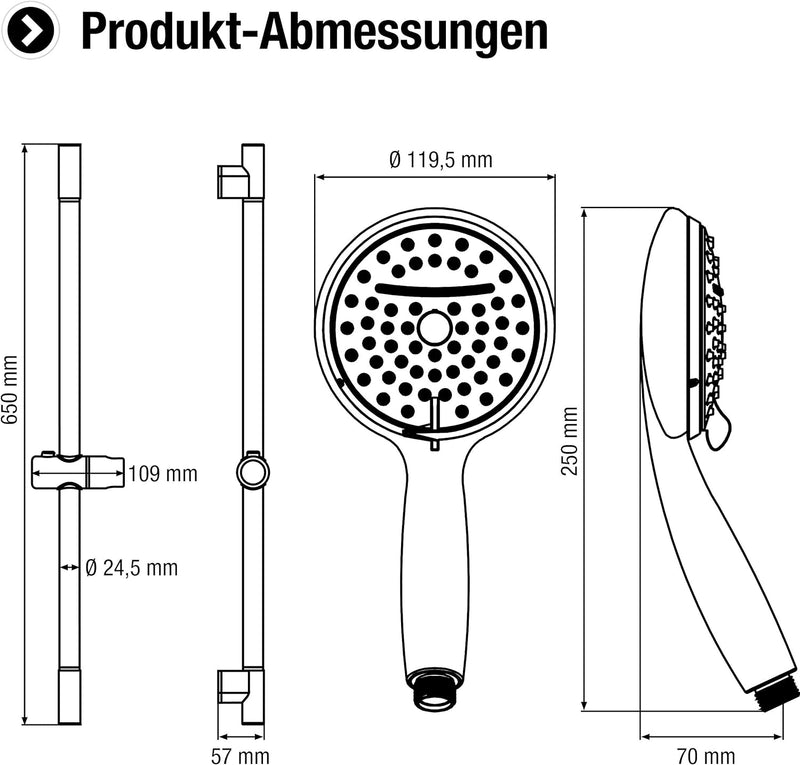 Cornat Brausegarnitur "Ardea" - Handbrause 119,5 mm - 2 Strahlarten: Normal- & Schwallstrahl - Anti-