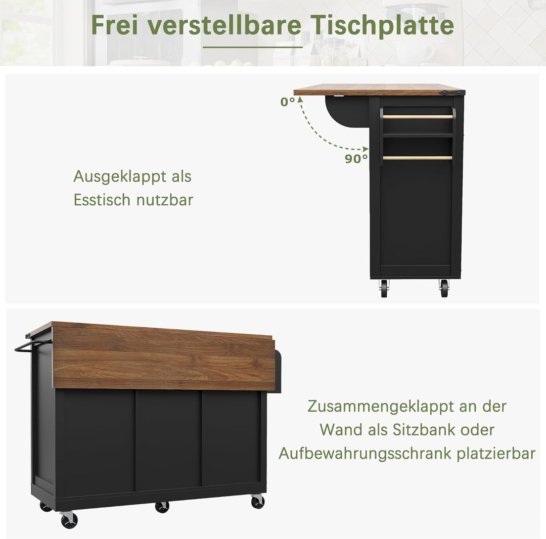 DRIXNO Kücheninsel, Servierwagen mit Ausziehbarer Arbeitsplatte, Küchenwagen auf Rollen, Küchenschra