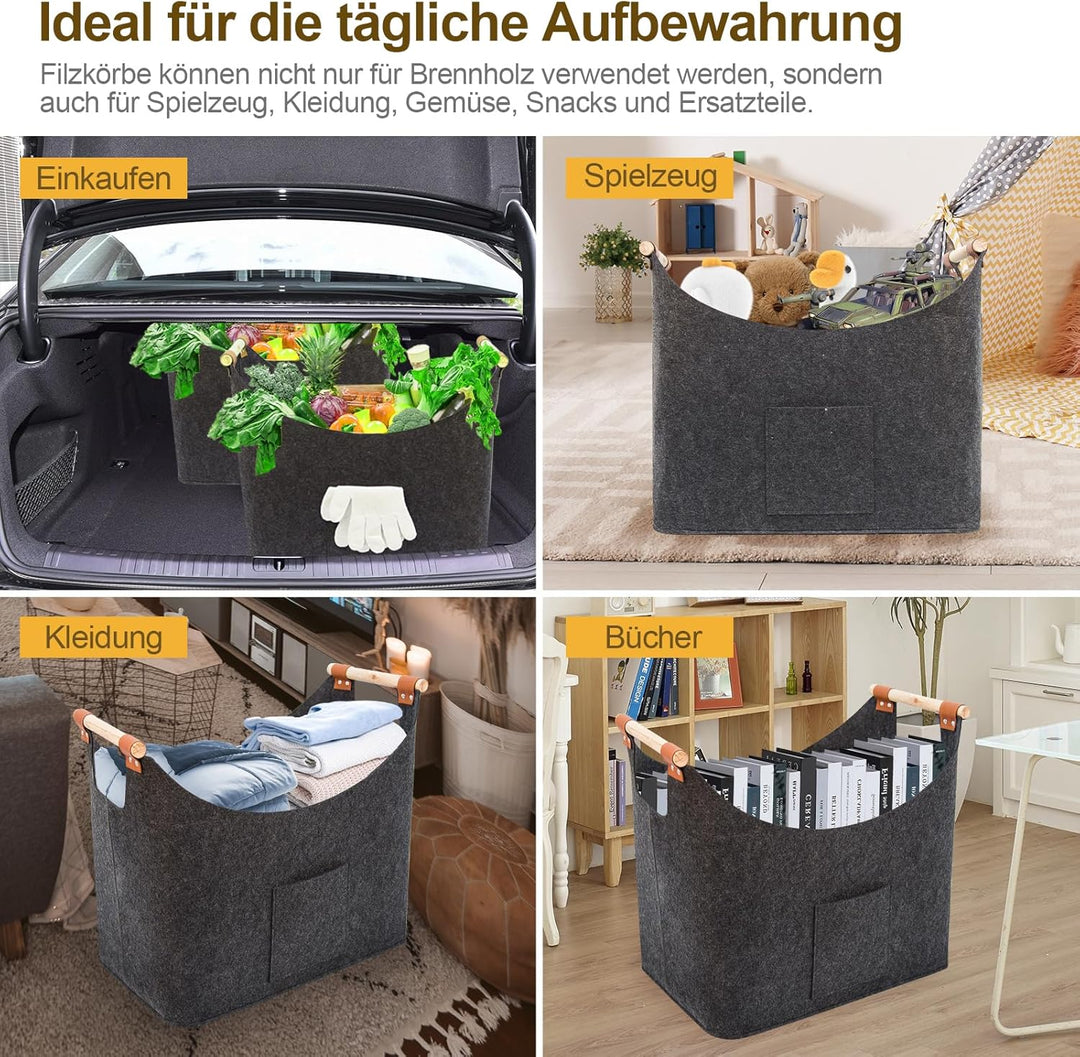 FINEW Holzkorb für Kaminholz 2er Set, Kaminholzkorb mit Handschuhen, Faltbarer Filztaschen aus Filz,