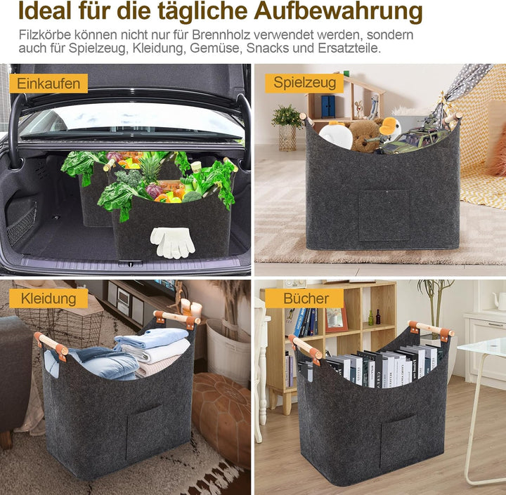 FINEW Holzkorb für Kaminholz 2er Set, Kaminholzkorb mit Handschuhen, Faltbarer Filztaschen aus Filz,