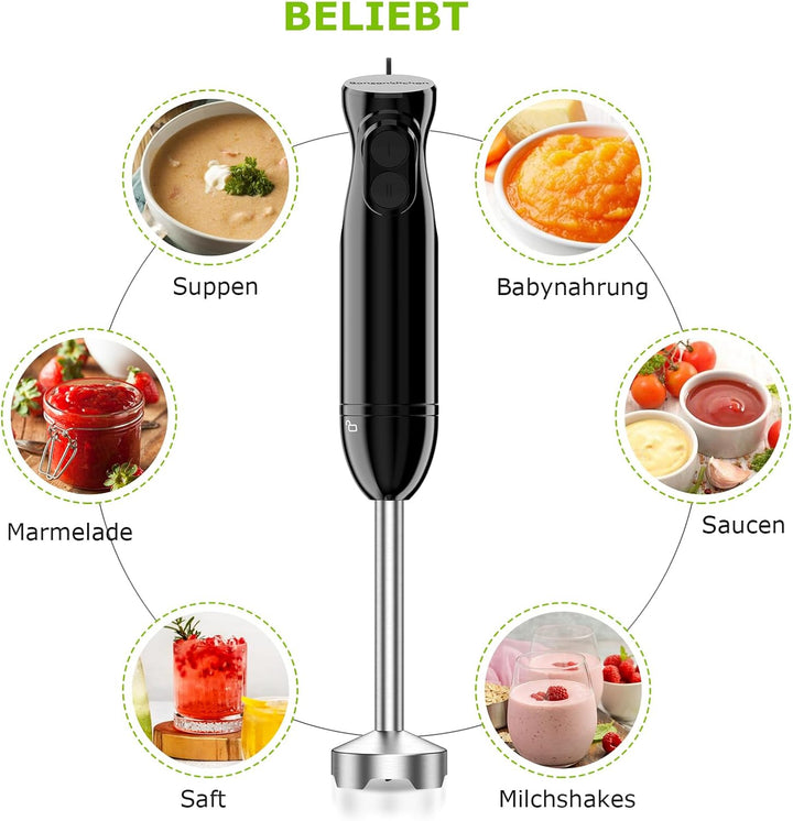 Bonsenkitchen Pürierstab, Stabmixer Elektrischer, 1000W Pürierstab Edelstahl, 2 Geschwindigkeiten, 4