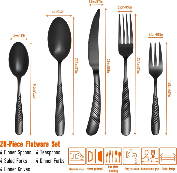 Besteck Set für 4 Personen,20 teilig Edelstahl Besteckset Schwarz Matt/Essbesteck Set mit Messer Gab