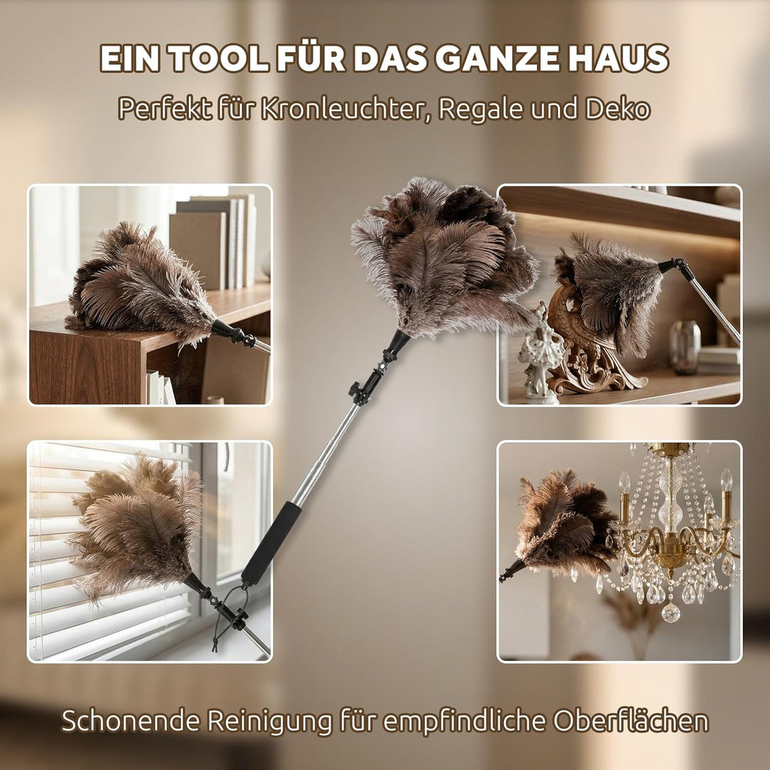 Teleskop Staubwedel aus Straussenfedern, ausziehbar bis 125 cm, waschbar, mit 180 Grad Knickkopf, fü