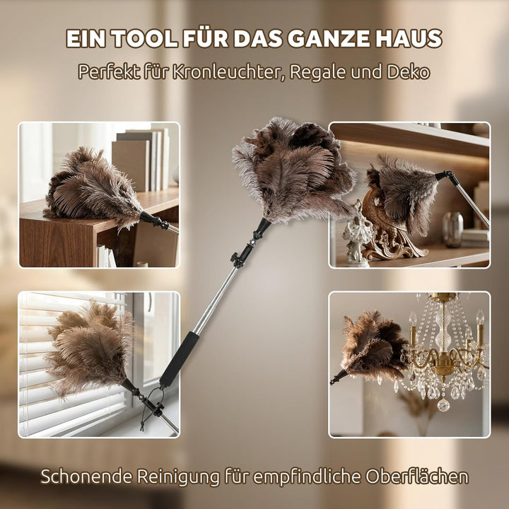 Teleskop Staubwedel aus Straussenfedern, ausziehbar bis 125 cm, waschbar, mit 180 Grad Knickkopf, fü