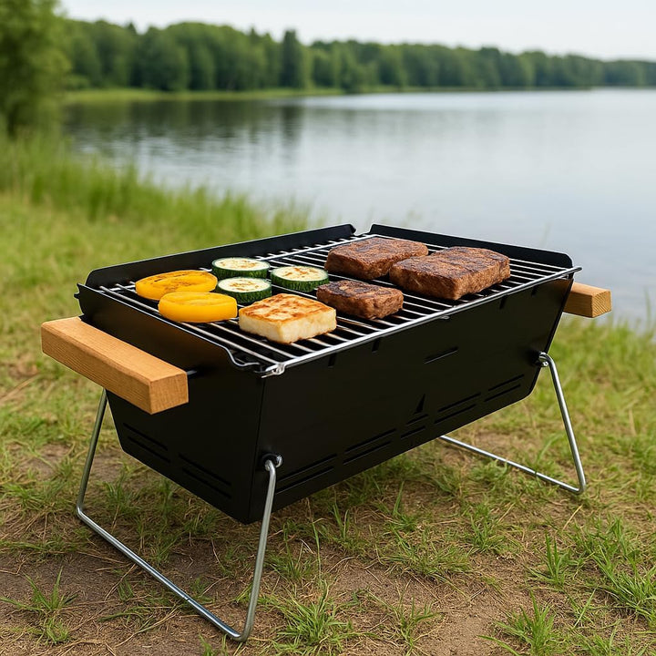 Mobiler Holzkohlegrill BBQ-Gril aus Edelstahl; Tragbarer Camping Grill & Feuerschale für 2–5 Persone