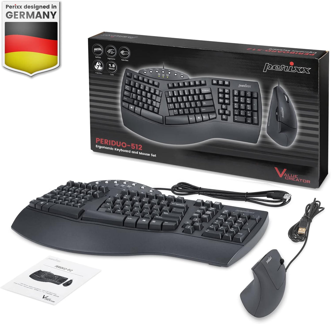 Perixx PERIDUO-512B Ergonomisches Tastatur- und Maus-Set - Vertikale Design-Maus, Kabelgebunden, USB