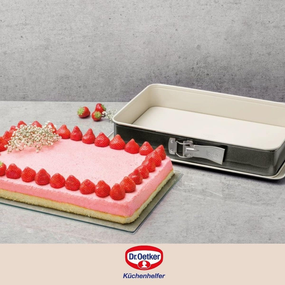 Dr. Oetker Rechteck-Springform 38 cm, Kuchenform mit Auslaufschutz, eckige Backform aus Stahl mit ke