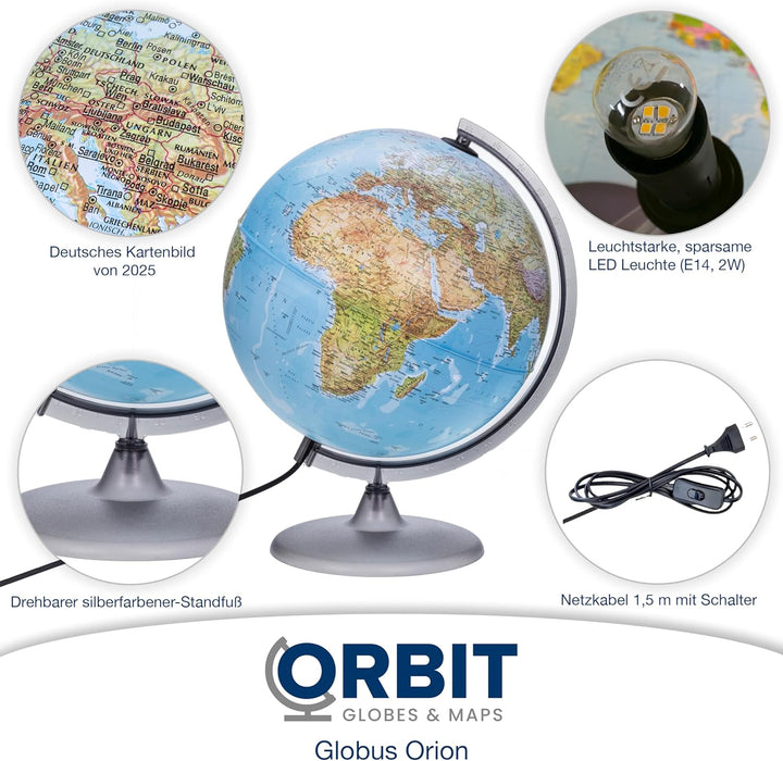 ORBIT GLOBES & MAPS - Leuchtglobus - 30cm Globus mit stabilem Standfuss, Kartenbild 2023 physikalisc