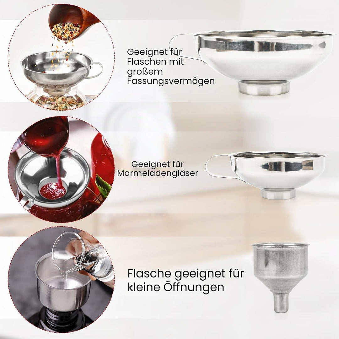 Edelstahl Trichterset 4-teilig mit Einmachgläser Heber &amp; Trichter - 3 Grössen Küchentrichter Set für