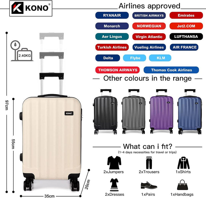 KONO Handgepäck Koffer Trolley ABS+PC Leicht Kabinenkoffer Reisekoffer mit 4 Rollen und Zahlenschlos