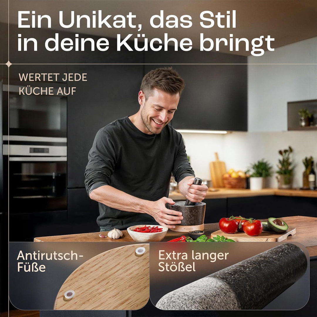 madeco Mörser mit Stössel Granit auf Holzsockel Eiche Ø 14,5 cm - Perfekt geeignet für Gewürze, Kräu