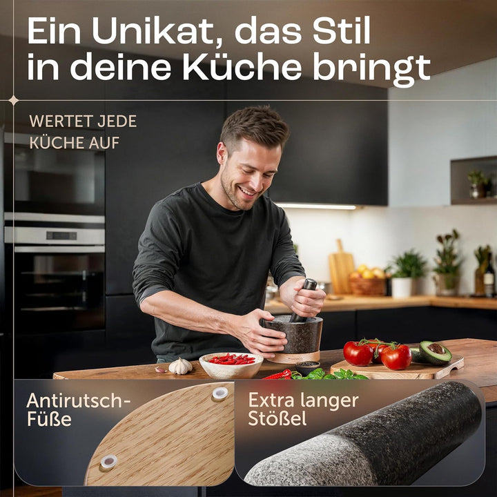 madeco Mörser mit Stössel Granit auf Holzsockel Eiche Ø 14,5 cm - Perfekt geeignet für Gewürze, Kräu