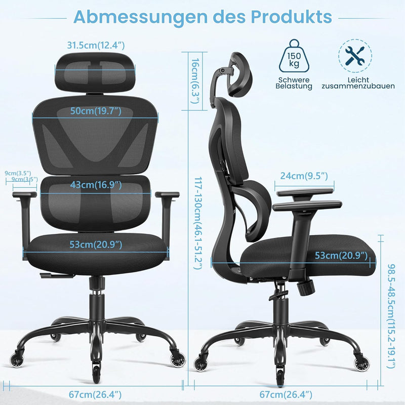 KERDOM Bürostuhl Ergonomischer Schreibtischstuhl,mit Verstellbarer Kopfstütze, Armlehnen, Lendenwirb