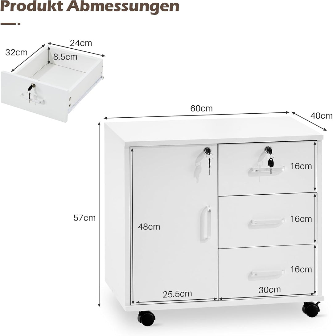 TUKAILAI Rollcontainer Aktenschrank aus Holz, Abschliessbar Büroschrank mit 3 Schubladen und Tür, Mo