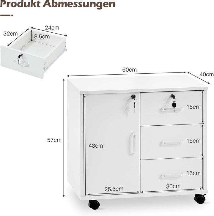 TUKAILAI Rollcontainer Aktenschrank aus Holz, Abschliessbar Büroschrank mit 3 Schubladen und Tür, Mo