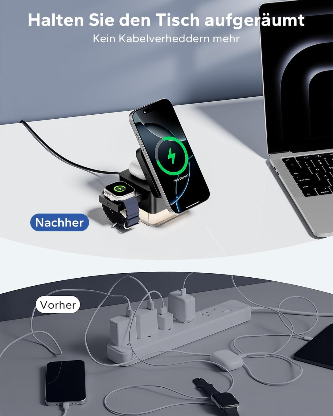 KPON Ladestation Apple Watch und iPhone für Magsafe, 3-in-1 Cube Induktive Ladestation mit Magsafe L