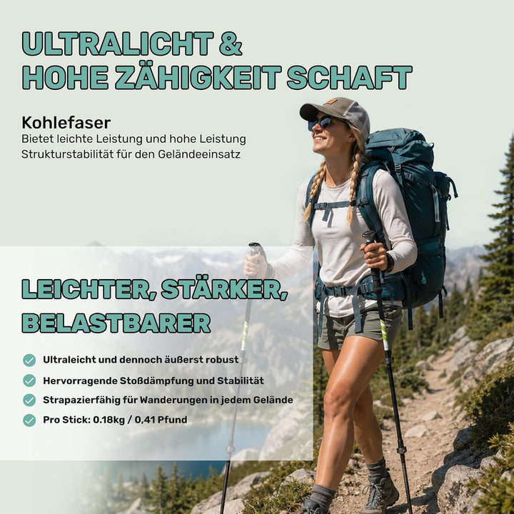 Carbon Trekkingstöcke 2er Set – Nordic Walking Stöcke Damen Herren, Wanderstöcke Teleskop Faltbar, U