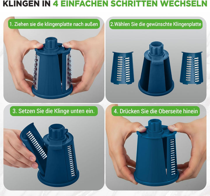 NutriChef Trommelreibe - mit Kurbel - Käsereibe inkl. 5 Trommelblättern - Ideal für Käse Gurken Karo