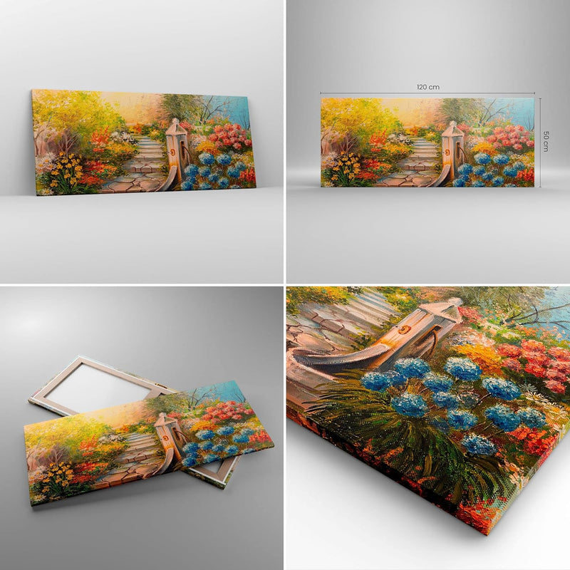 Wandbilder Dekoration Wohnzimmer Garten Blumen Sommer Panorama Bilder auf Leinwand 120x50cm Leinwand