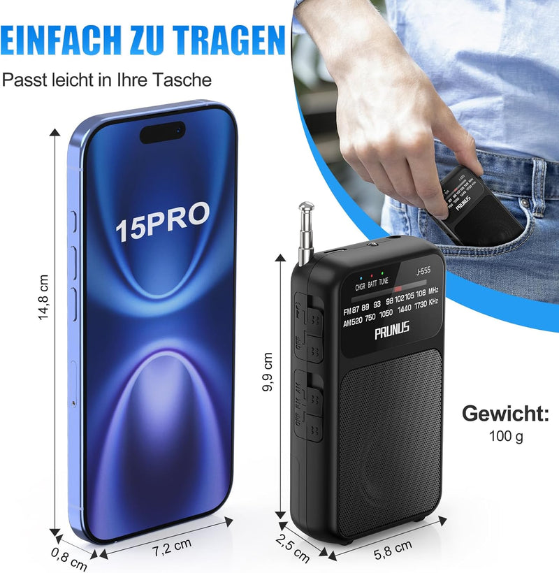 PRUNUS J-555 AM/FM/UKW Radio Klein, Kleines Radio mit Akku, USB-C-Laden, Mini Radio Batteriebetriebe