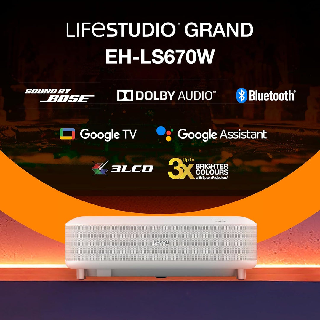 Epson Lifestudio Grand EH-LS670W, Smart-Laserprojektor, 4K PRO-UHD, Ultrakurzdistanz, Sound by Bose,