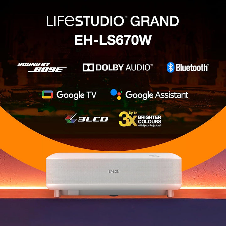 Epson Lifestudio Grand EH-LS670W, Smart-Laserprojektor, 4K PRO-UHD, Ultrakurzdistanz, Sound by Bose,