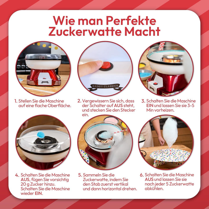 Gadgy Zuckerwattemaschine für zuhause - Retro Cotton Candy Machine - Zuckerwatte Maschine mit Stäbch