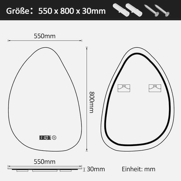 Boromal Unregelmässiger Form Asymmetrischer Spiegel mit LED Beleuchtung, Badspiegel mit Beleuchtung