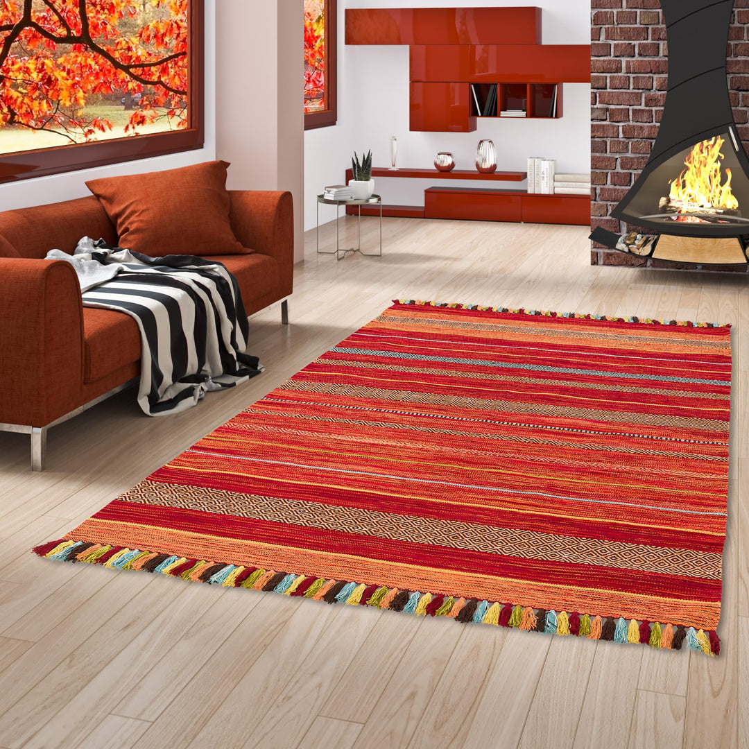 Natur Teppich Bauwolle Kelim Kalleen Rot in 6 Grössen 300x400 cm, 300x400 cm
