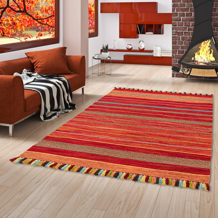 Natur Teppich Bauwolle Kelim Kalleen Rot in 6 Grössen 300x400 cm, 300x400 cm