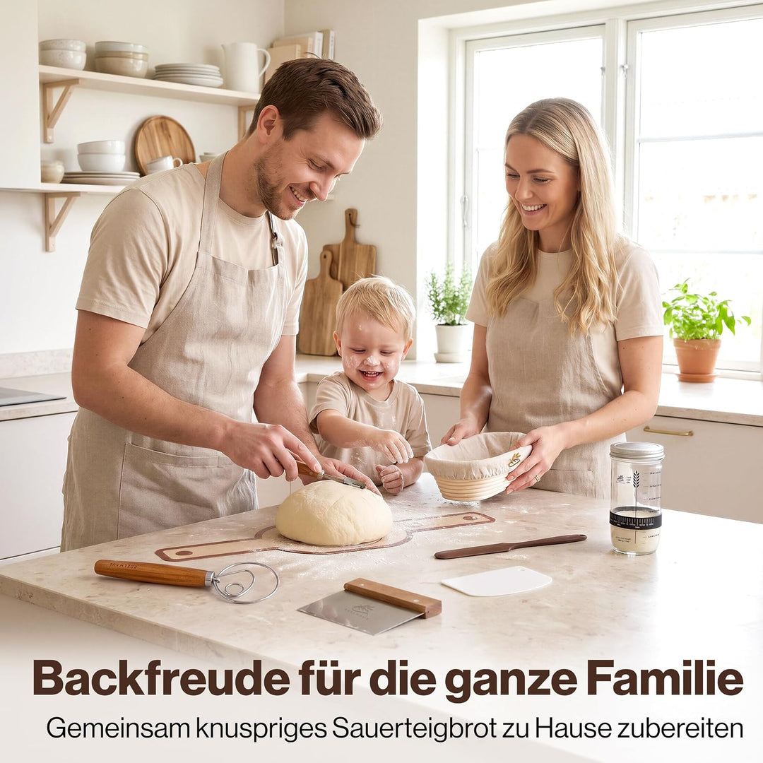 EDELHAUS Gärkörbchen Set 7-teilig zum Brotbacken, komplettes Sauerteig Brotbackset mit Sauerteig Gla