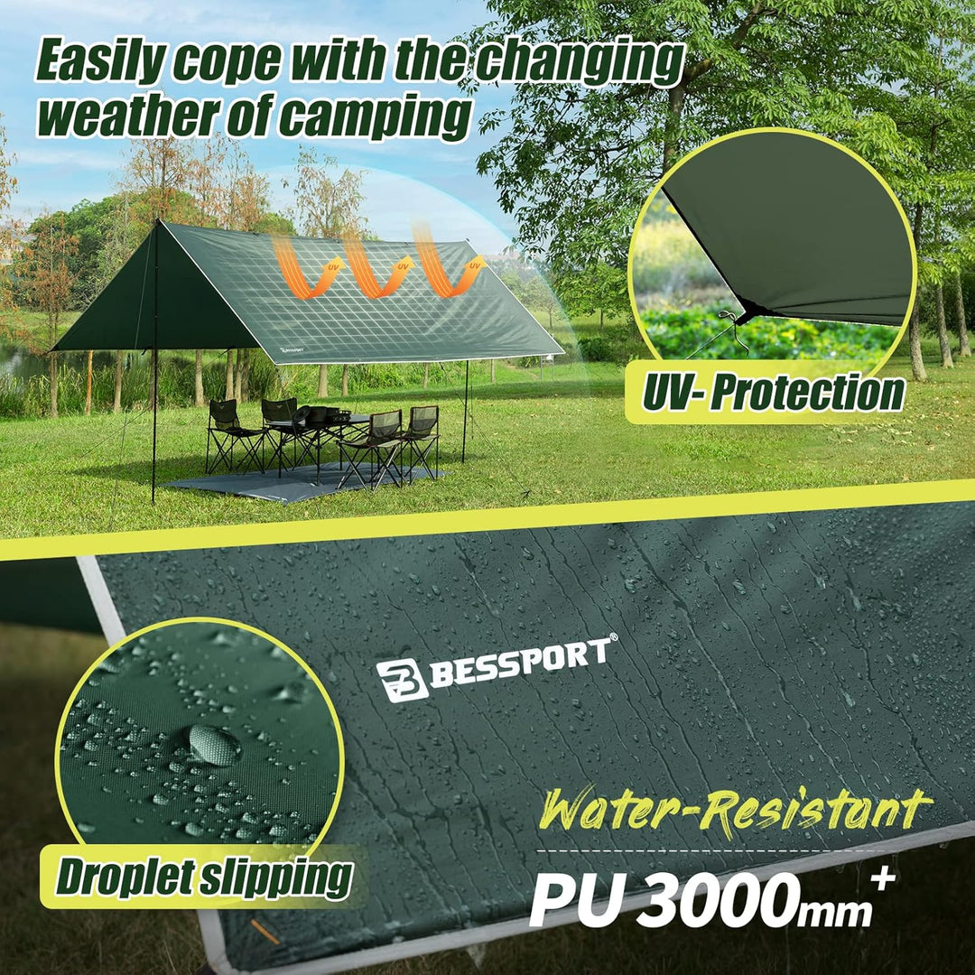 Bessport Zeltplane, Camping Zelt Tarp 3m x 3m/3m x 4m Wasserdicht PU3000 mm Tarp für Hängematte, mit