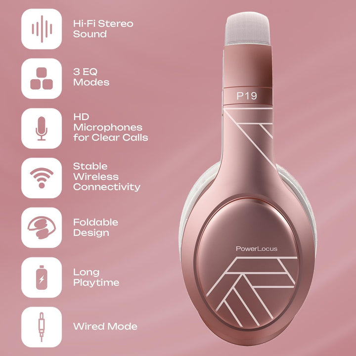 PowerLocus Bluetooth Kopfhörer Over Ear, Kopfhörer Kabellos mit 3-EQ modi, 60std. Spielzeit, Hi-Fi-S