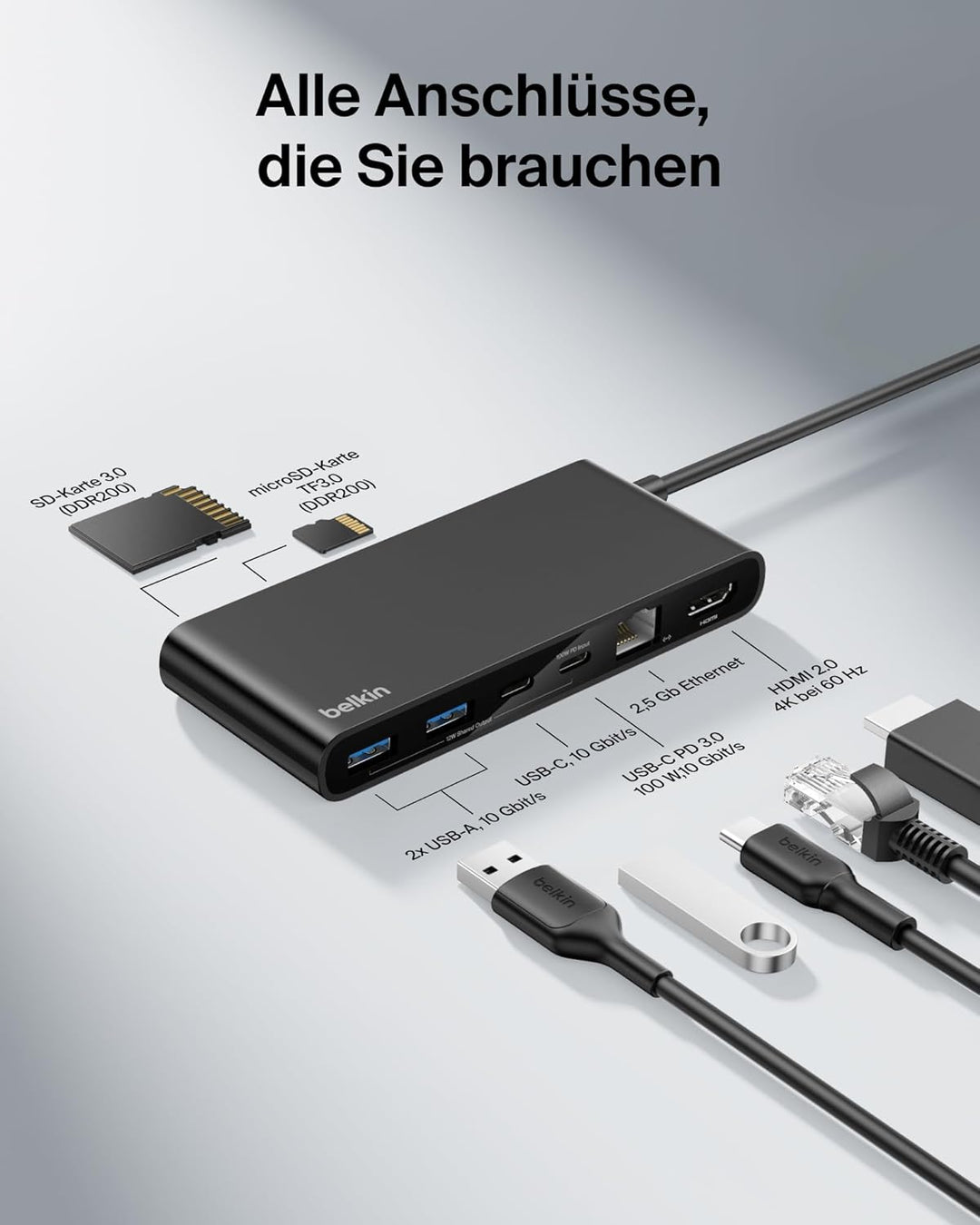 Belkin Connect 8-in-1 USB C Hub, Bildschirmauflösungen bis zu 4K bei 60 Hz – geeignet für Mac-, Wind