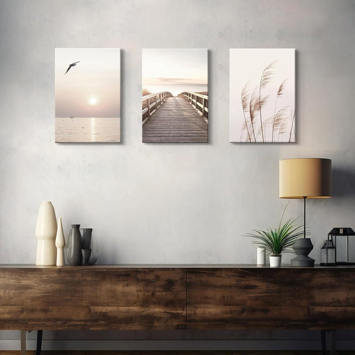 3 Teilig Strand Sonnenuntergang Bilder Set, Aesthetic Natur Landschaft Wandbilder mit Rahmen, Modern