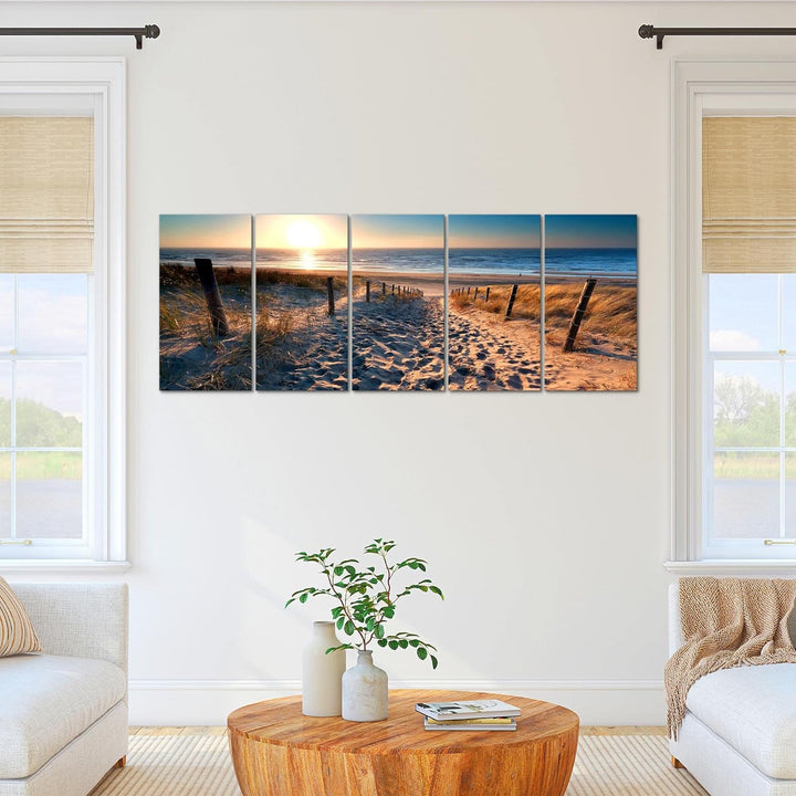 Runa Art Wandbild XXL Strand Sonnenuntergang Schlafzimmer Wohnzimmer 200 x 80 cm Beige Blau 5 Teilig