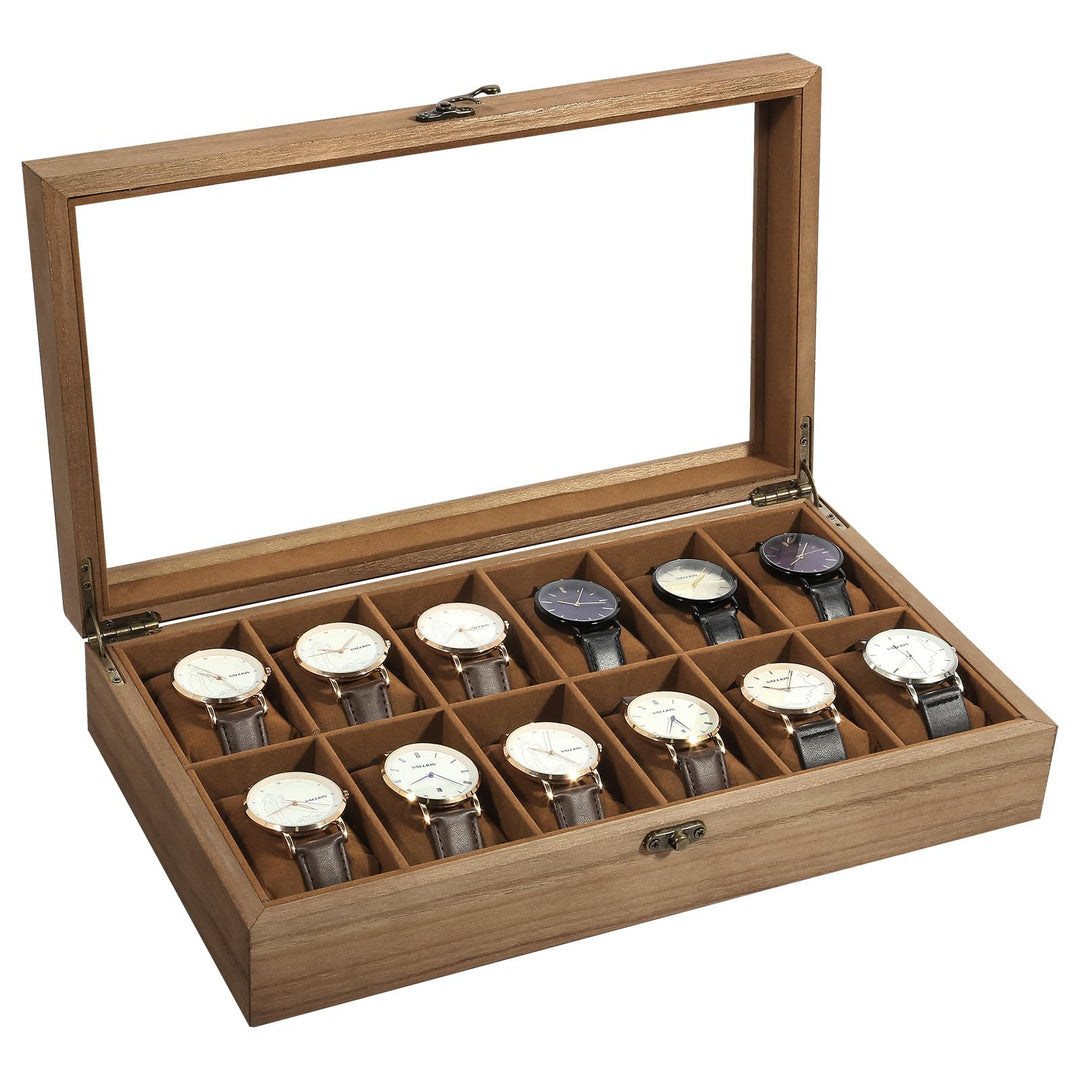Uten Uhrenbox mit 12 Fächern, Uhrenbox aus Massivholz mit Glasabdeckung, Aufbewahrungsbox für Herren