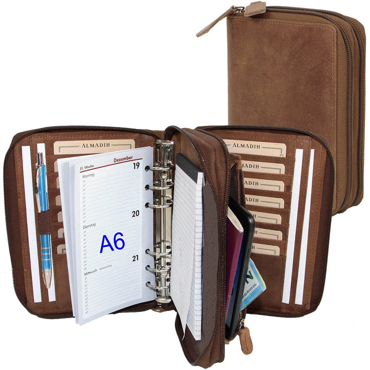 ALMADIH Leder A6 Kombimappe 2 Fächer mit Reissverschluss Kalender 2023 2024 Rindsleder Braun Vintage
