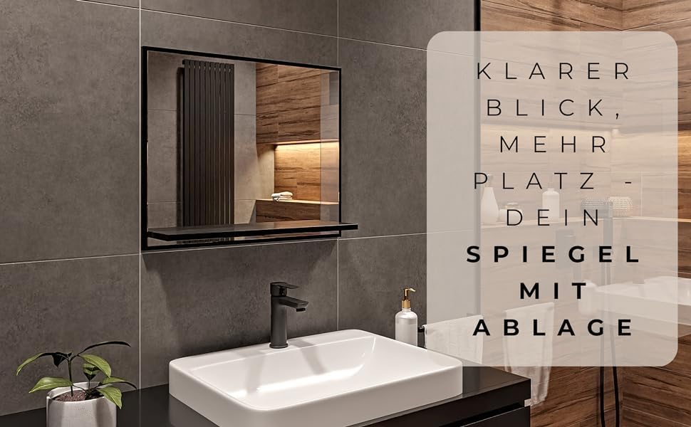 Badspiegel mit Ablage Schwarz - H:50 x B: 60 cm - Bathroom Mirror – Wandspiegel mit Regal – Badezimm