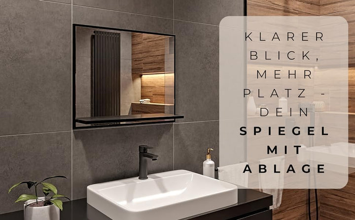 Badspiegel mit Ablage Schwarz - H:50 x B: 60 cm - Bathroom Mirror – Wandspiegel mit Regal – Badezimm