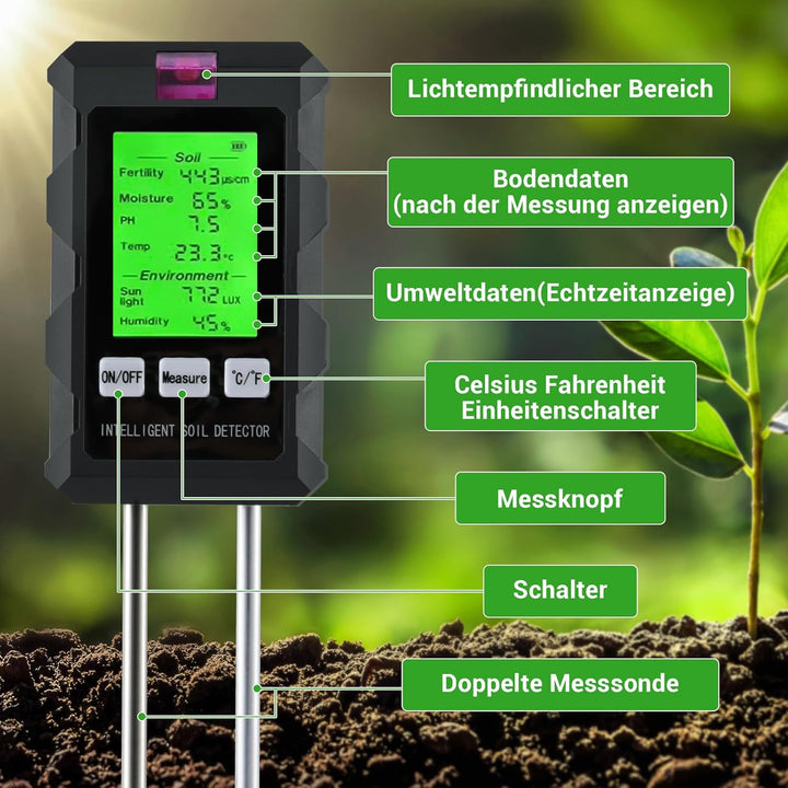 6 in 1 Bodentester, Präzises Digitales Messgerät für pH-Wert, Feuchtigkeit, Fruchtbarkeit, Licht, Te